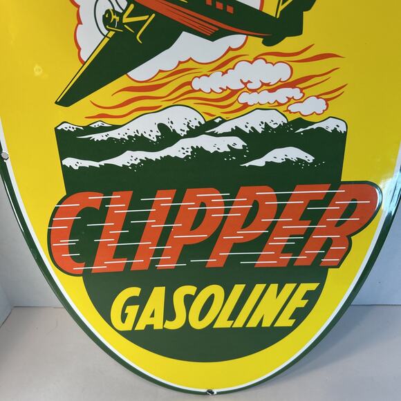 Clipper Gasoline 2-Sided Porcelain Sign 24"x14" Vintage Gas Oil Aviation Plane - Picture 7 of 10